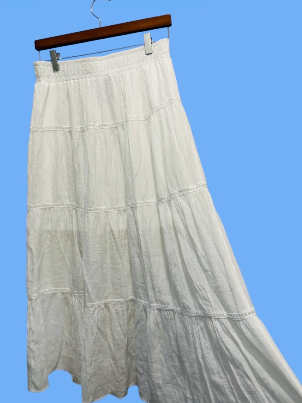BCX SKIRT Women's White Tiered Maxi Boho Drawstring Waist Size L.